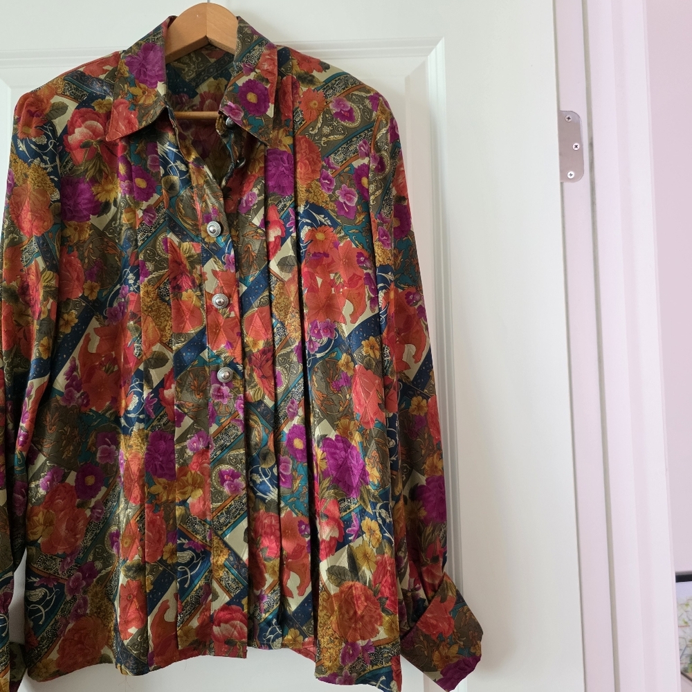 Vintage Howard Wolf 80s/90s Satin Button Blouse Floral Wmns 4 Old Money Chic